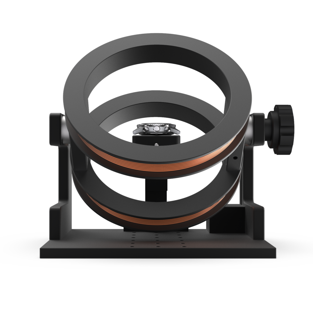 BH48 Product Front Rotation - The Magnetic Module 6'000 A/m magnetic field generator with rotational circuit coils and the watch holder